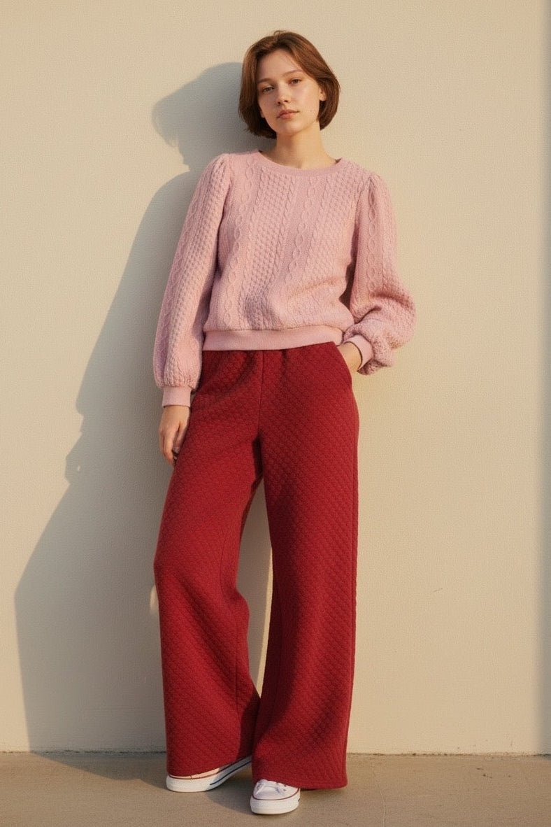 Flory Scallop Quilt Wide Leg Trouser - Wine Red - Bascora