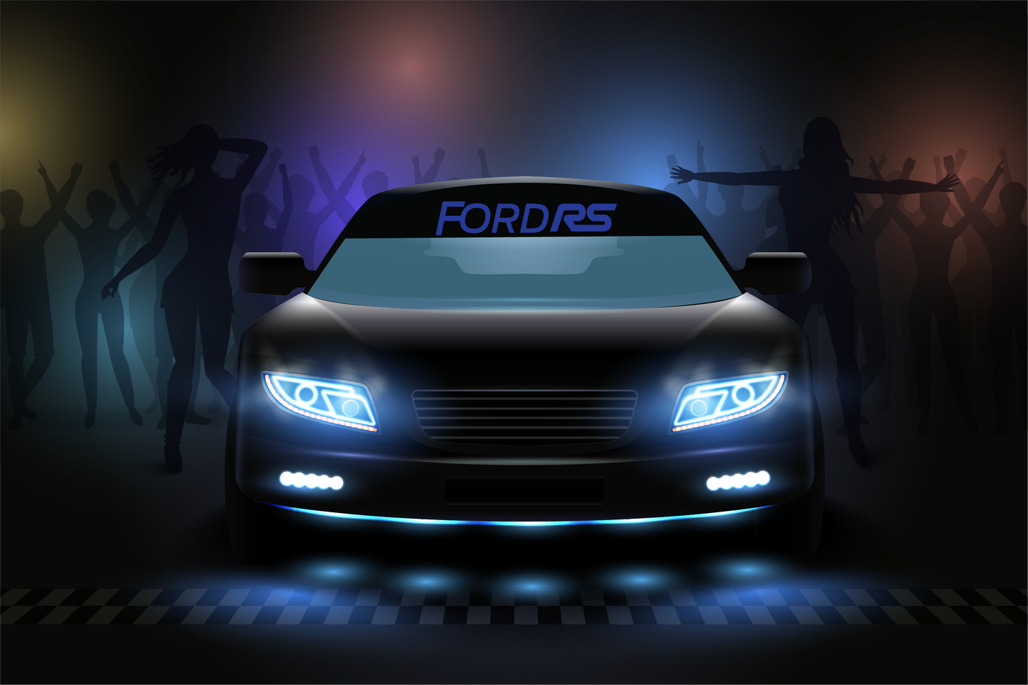 Front view of a black Ford RS car with glowing headlights on a dark background