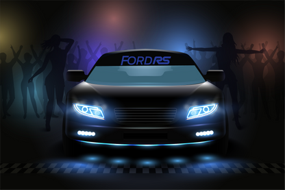 Front view of a black Ford RS car with glowing headlights on a dark background