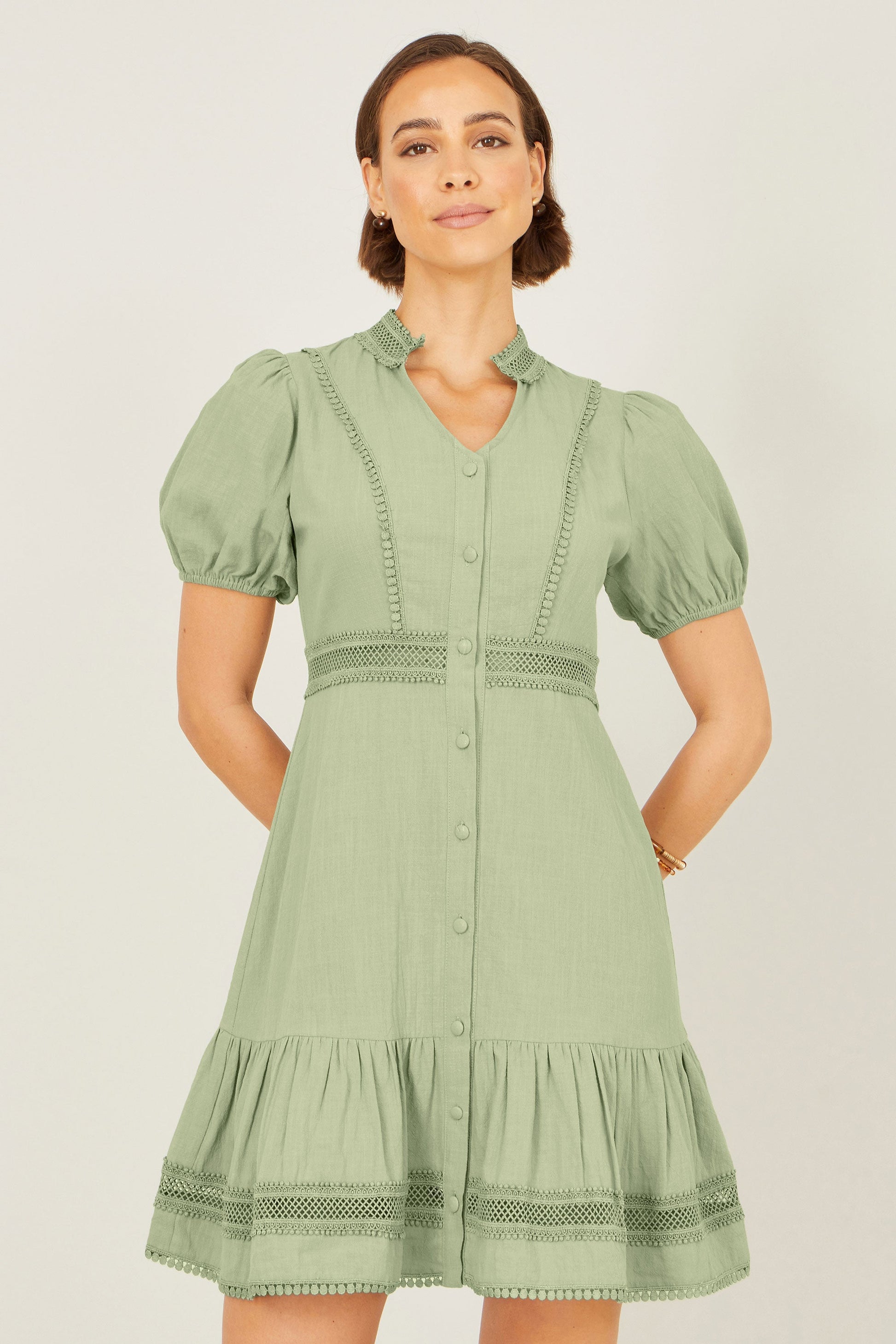 Green Cotton Lace Trim Skater Shirt Dress - Bascora