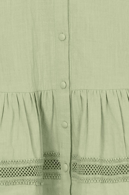 Green Cotton Lace Trim Skater Shirt Dress - Bascora