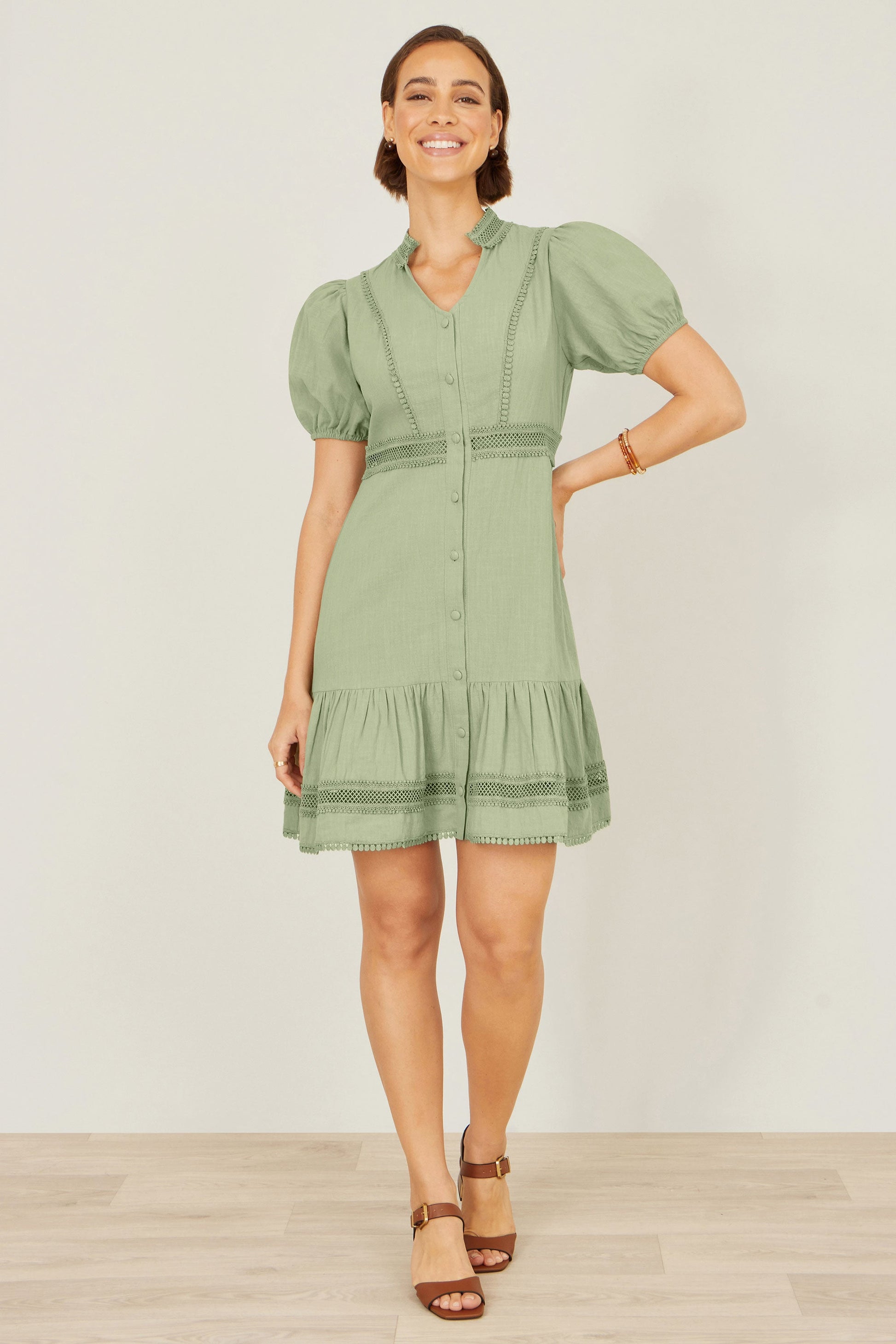 Green Cotton Lace Trim Skater Shirt Dress - Bascora
