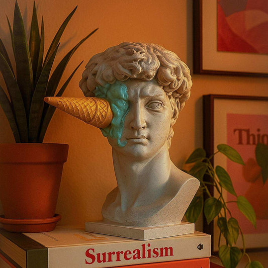 Bust of a classical figure of David with an ice-cream cone stuck to his face on a book titled 'Surrealism', surrounded by plants and framed art.