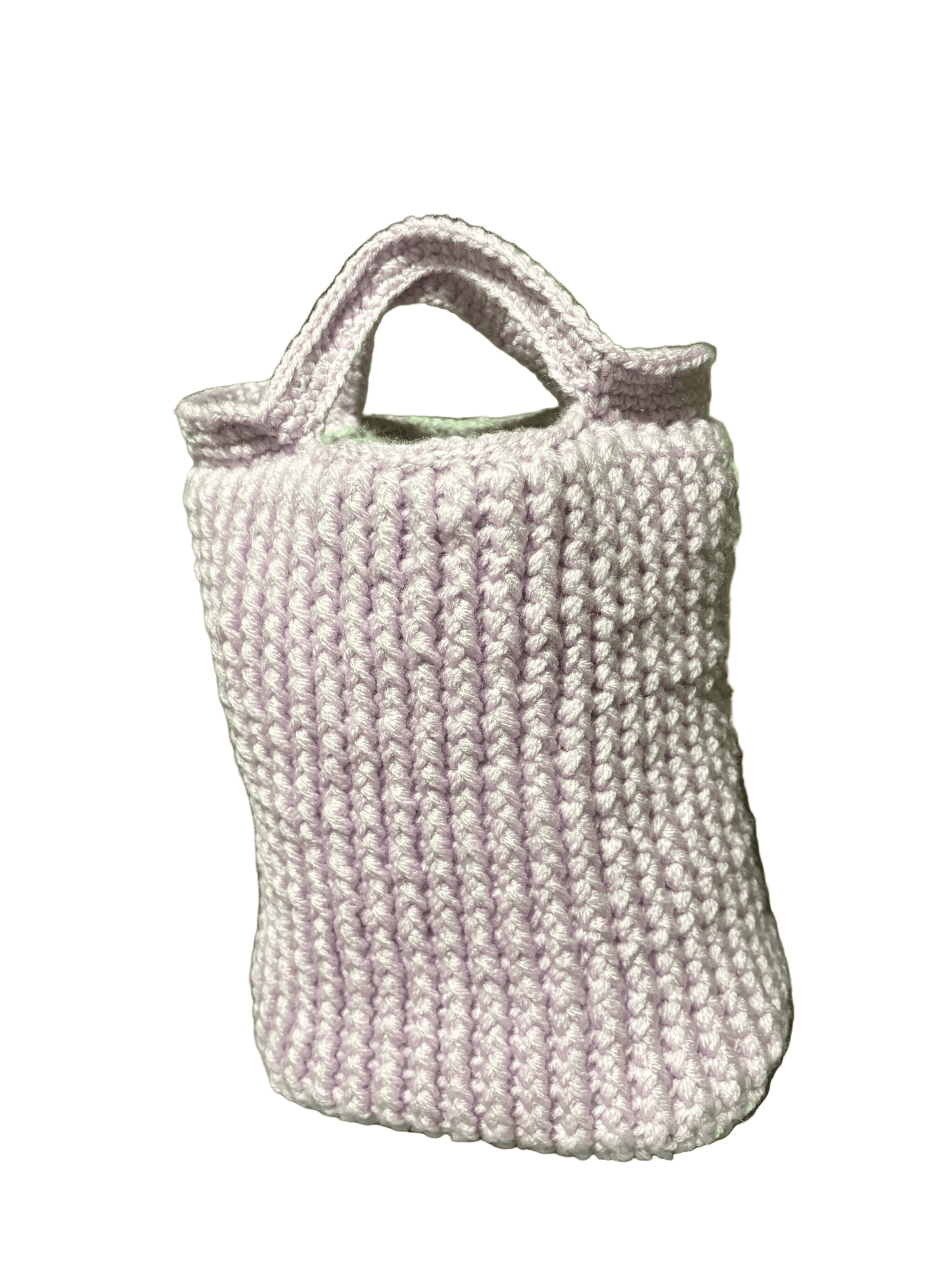 Handmade crochet mini tote bag in lilac wool, front view on white background
