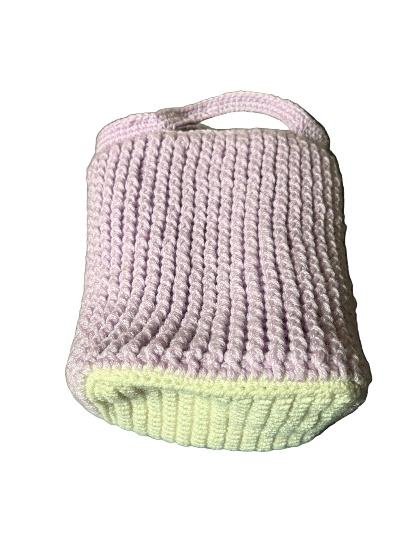Handmade crochet mini tote bag in lilac wool, front view