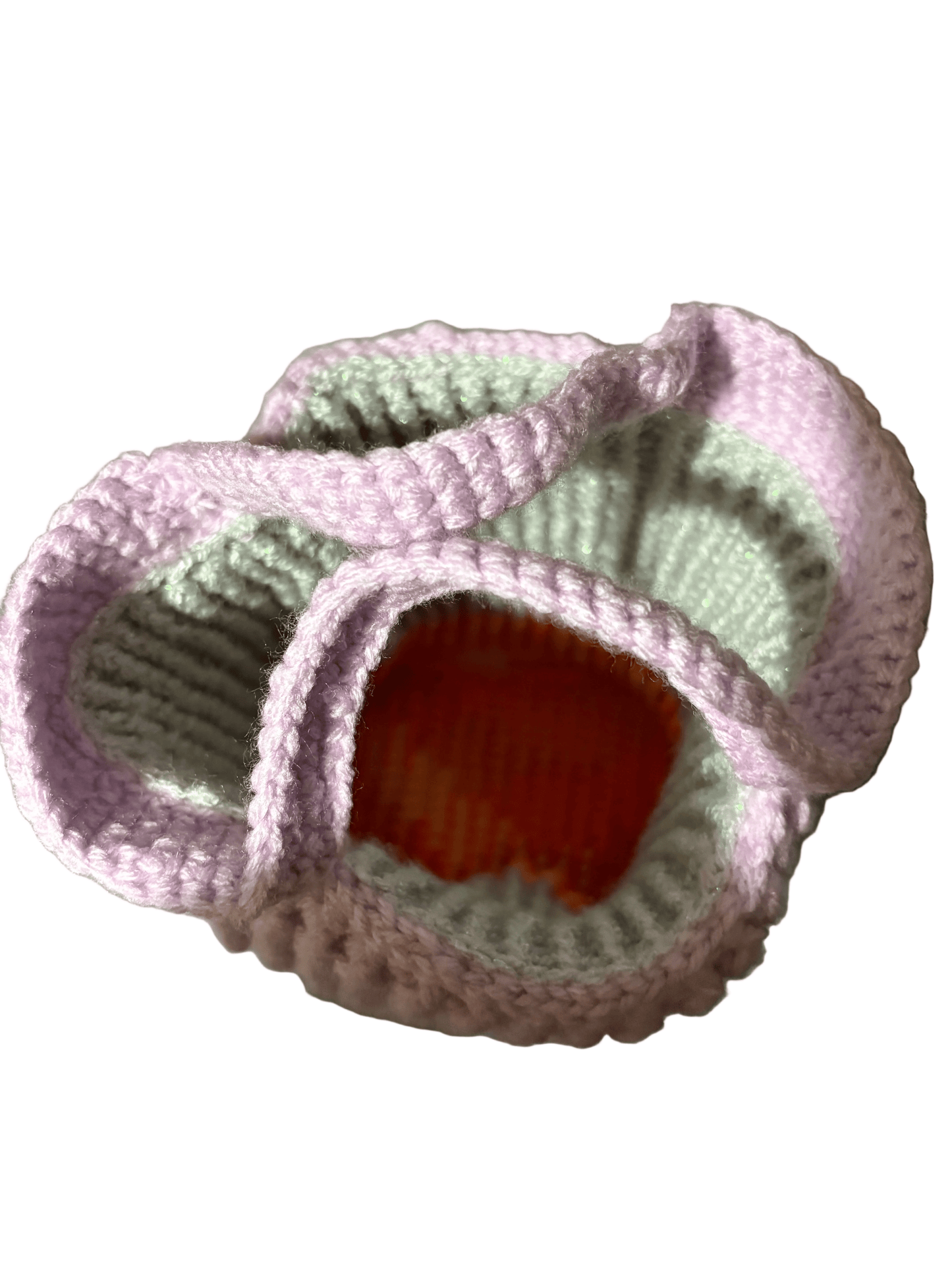 Handmade crochet mini tote bag in lilac wool, top-down view showing texture and handles