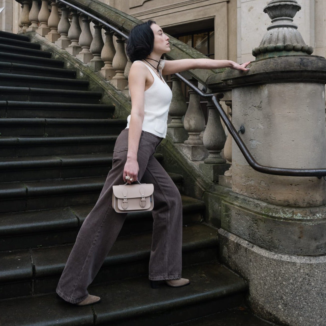 woman with Handmade Leather Micro Satchel Iced Coffee