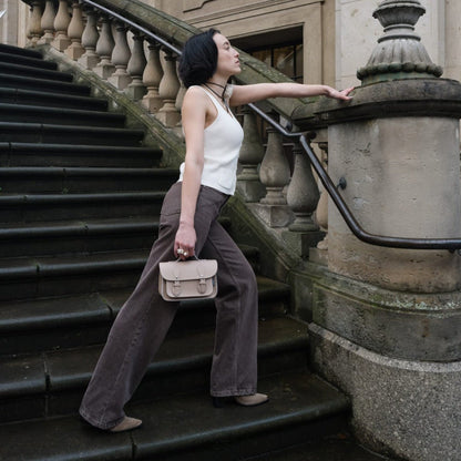 woman with Handmade Leather Micro Satchel Iced Coffee