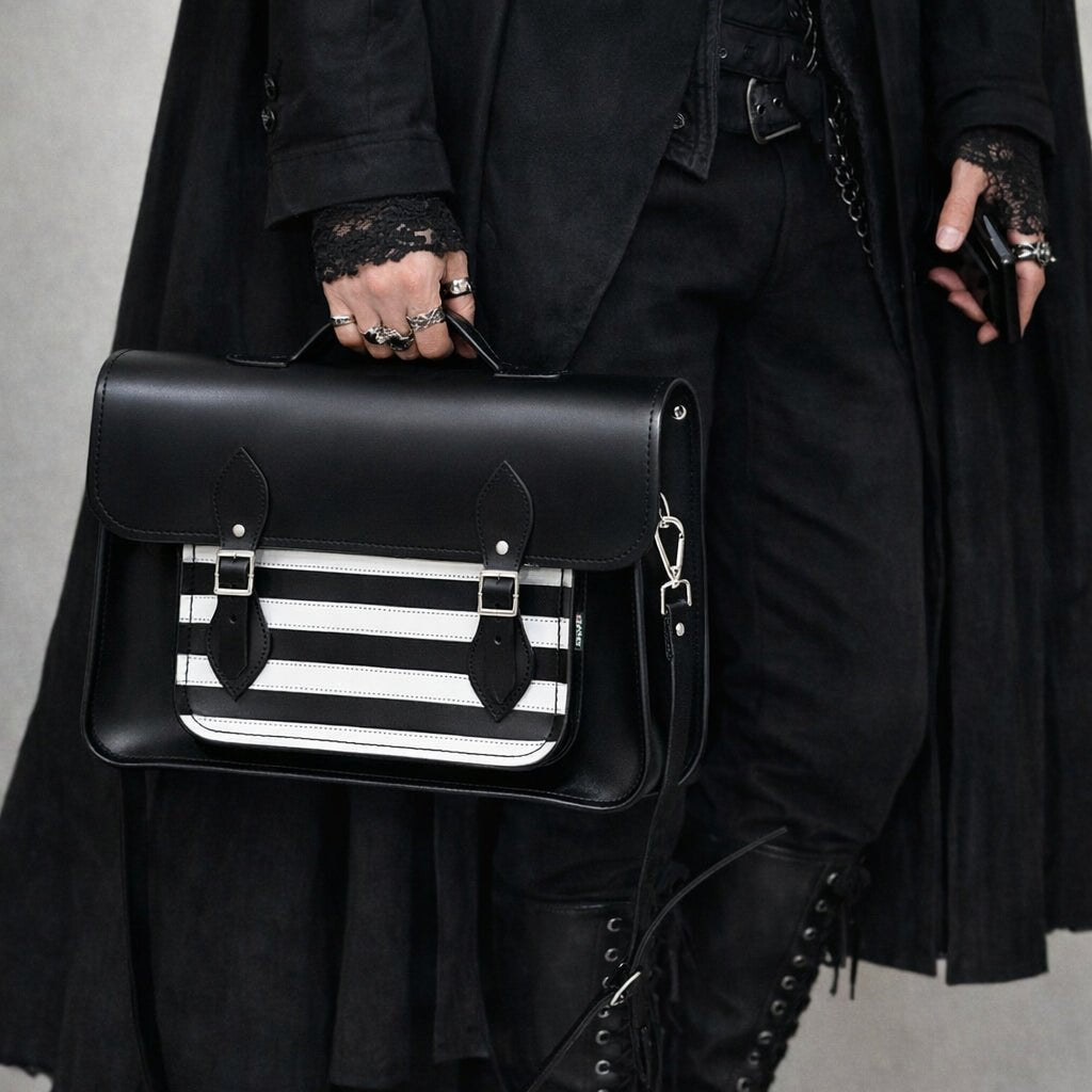 Handmade Leather Satchel – Gothic Striped White & Black - Bascora