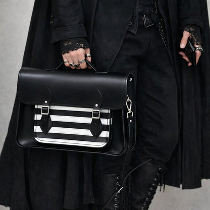 Handmade Leather Satchel – Gothic Striped White & Black - Bascora