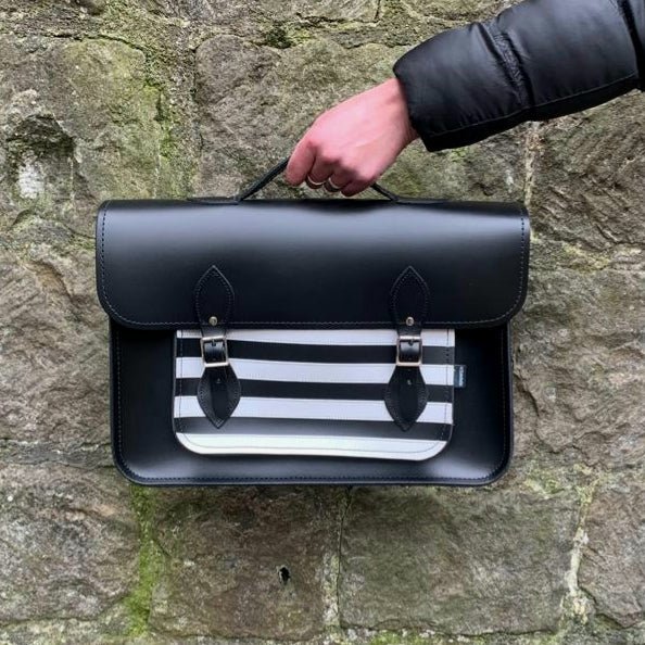 Handmade Leather Satchel – Gothic Striped White & Black - Bascora