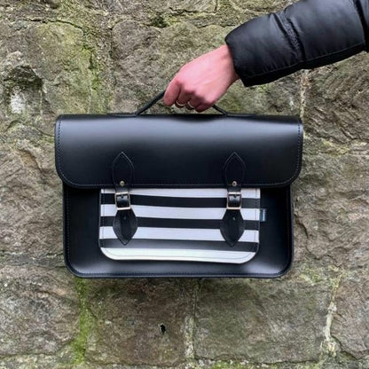 Handmade Leather Satchel – Gothic Striped White & Black - Bascora
