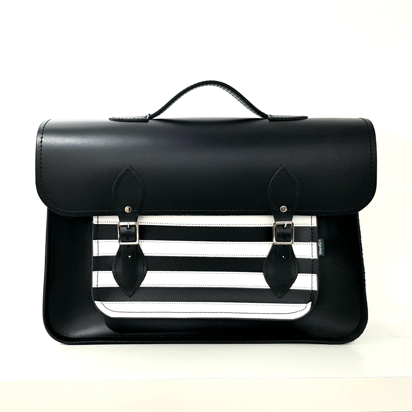 Handmade Leather Satchel – Gothic Striped White & Black - Bascora