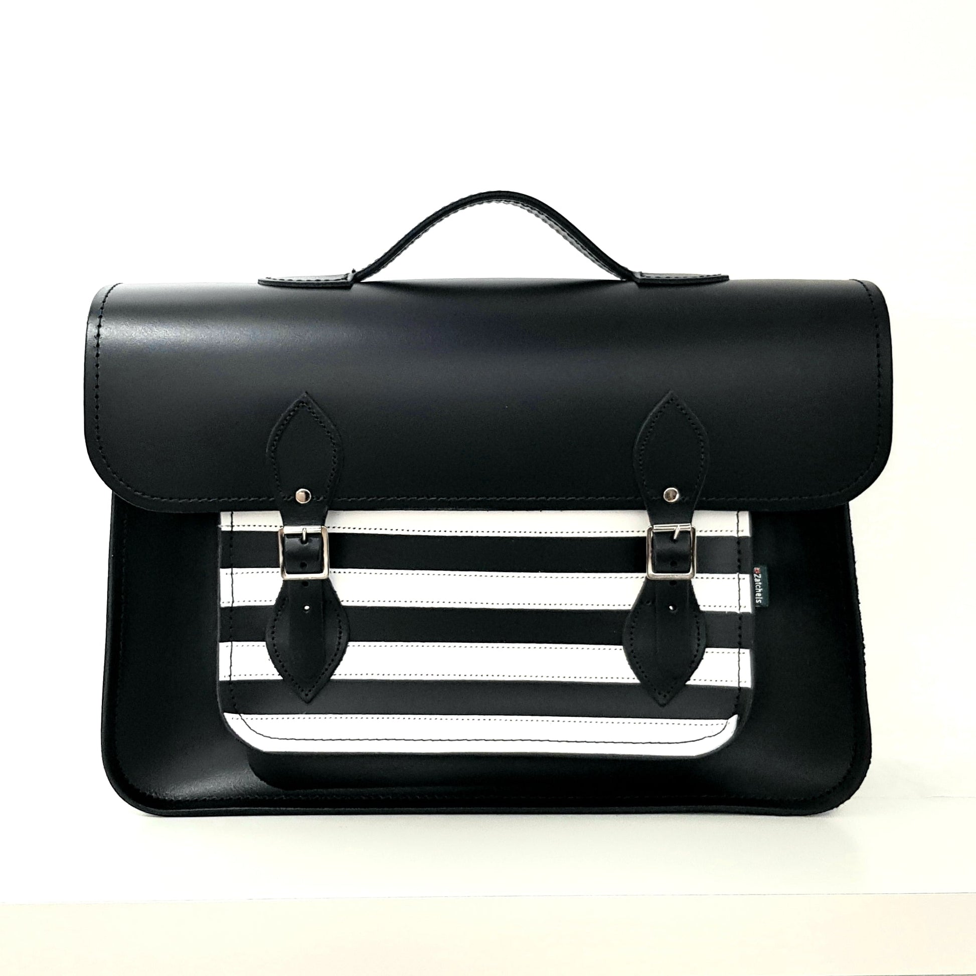 Handmade Leather Satchel – Gothic Striped White & Black - Bascora