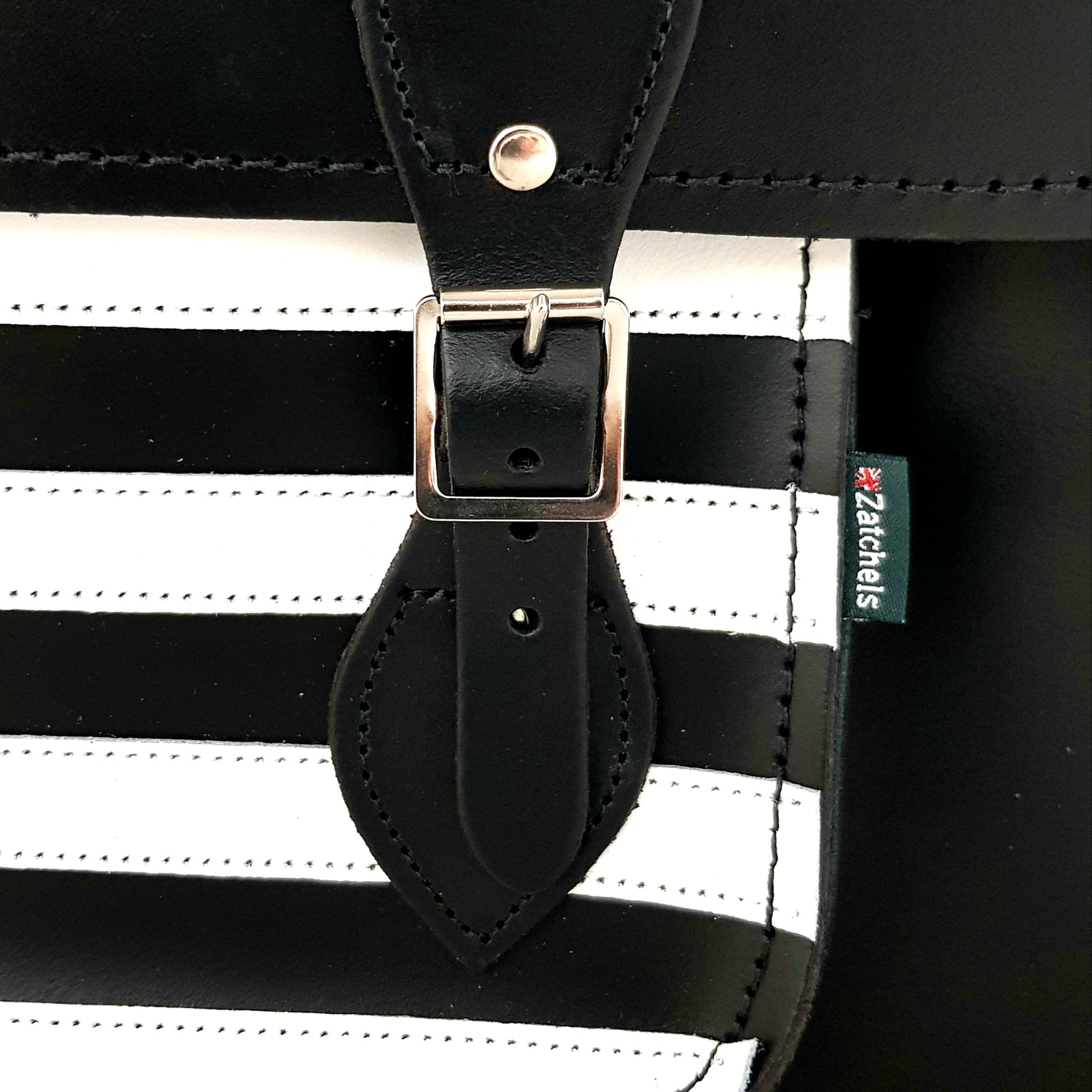 Handmade Leather Satchel – Gothic Striped White & Black - Bascora