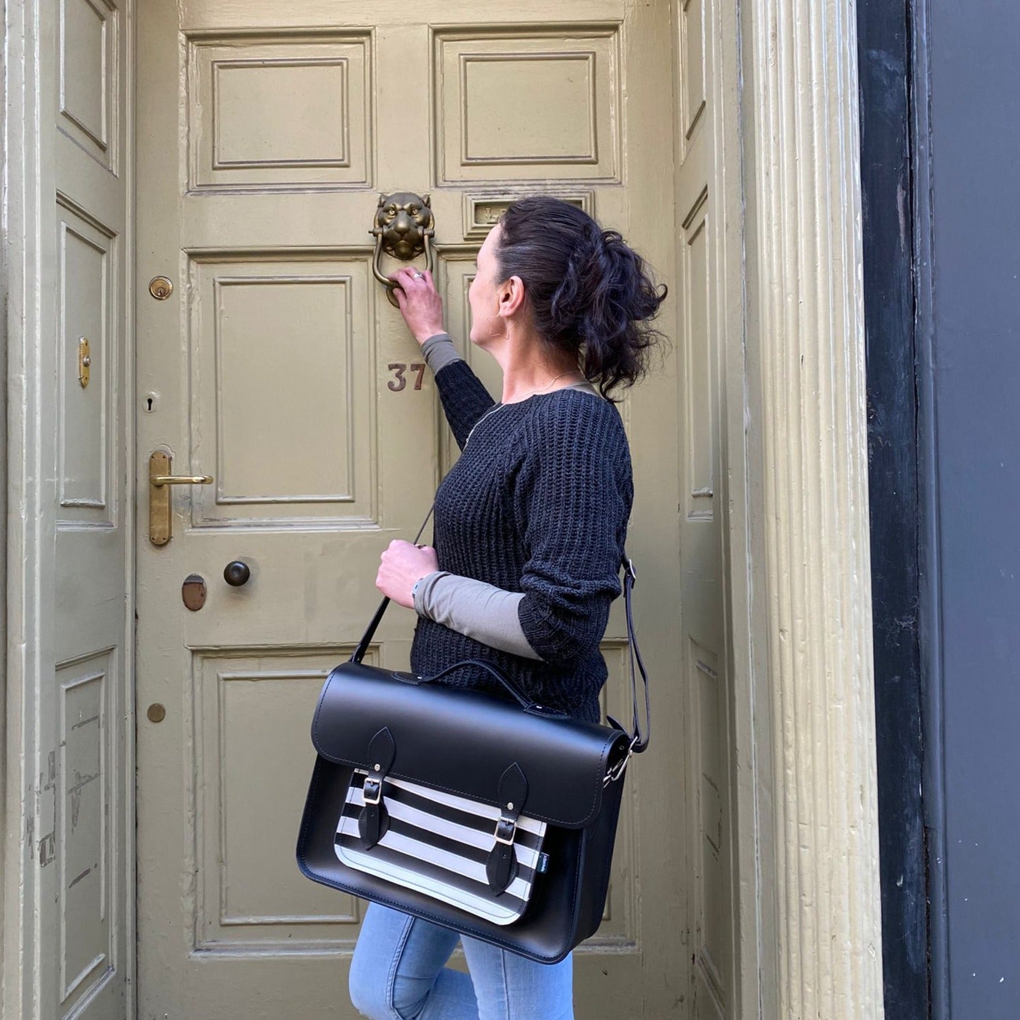 Handmade Leather Satchel – Gothic Striped White & Black - Bascora