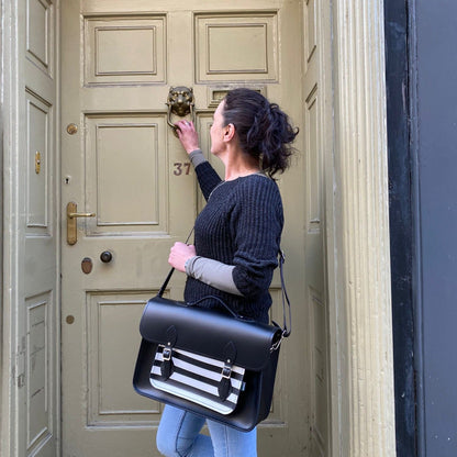 Handmade Leather Satchel – Gothic Striped White & Black - Bascora
