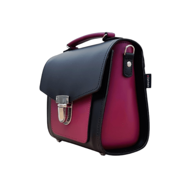Handmade Leather Two Tone Sugarcube Handbag – Black & Magenta - Bascora