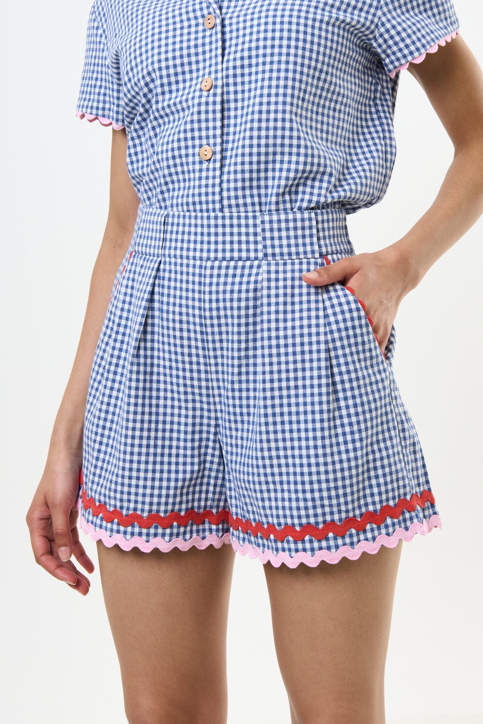 Hilton Gingham Ric Rac Trim Shorts - Blue - Bascora