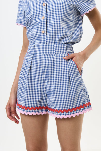 Hilton Gingham Ric Rac Trim Shorts - Blue - Bascora