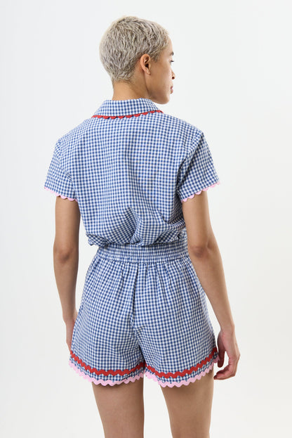 Hilton Gingham Ric Rac Trim Shorts - Blue - Bascora