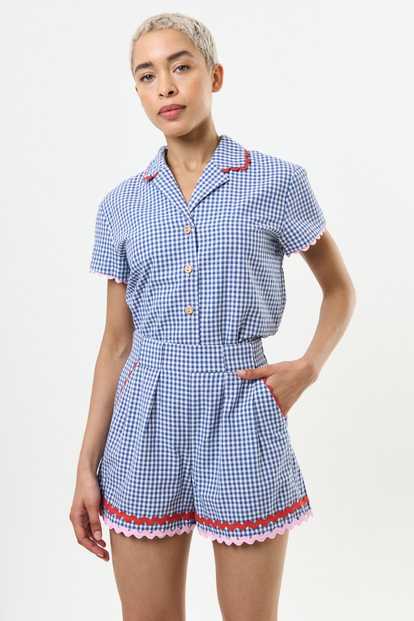 Hilton Gingham Ric Rac Trim Shorts - Blue - Bascora