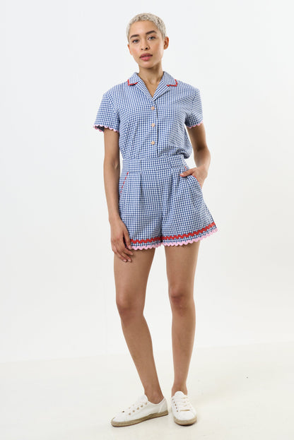 Hilton Gingham Ric Rac Trim Shorts - Blue - Bascora