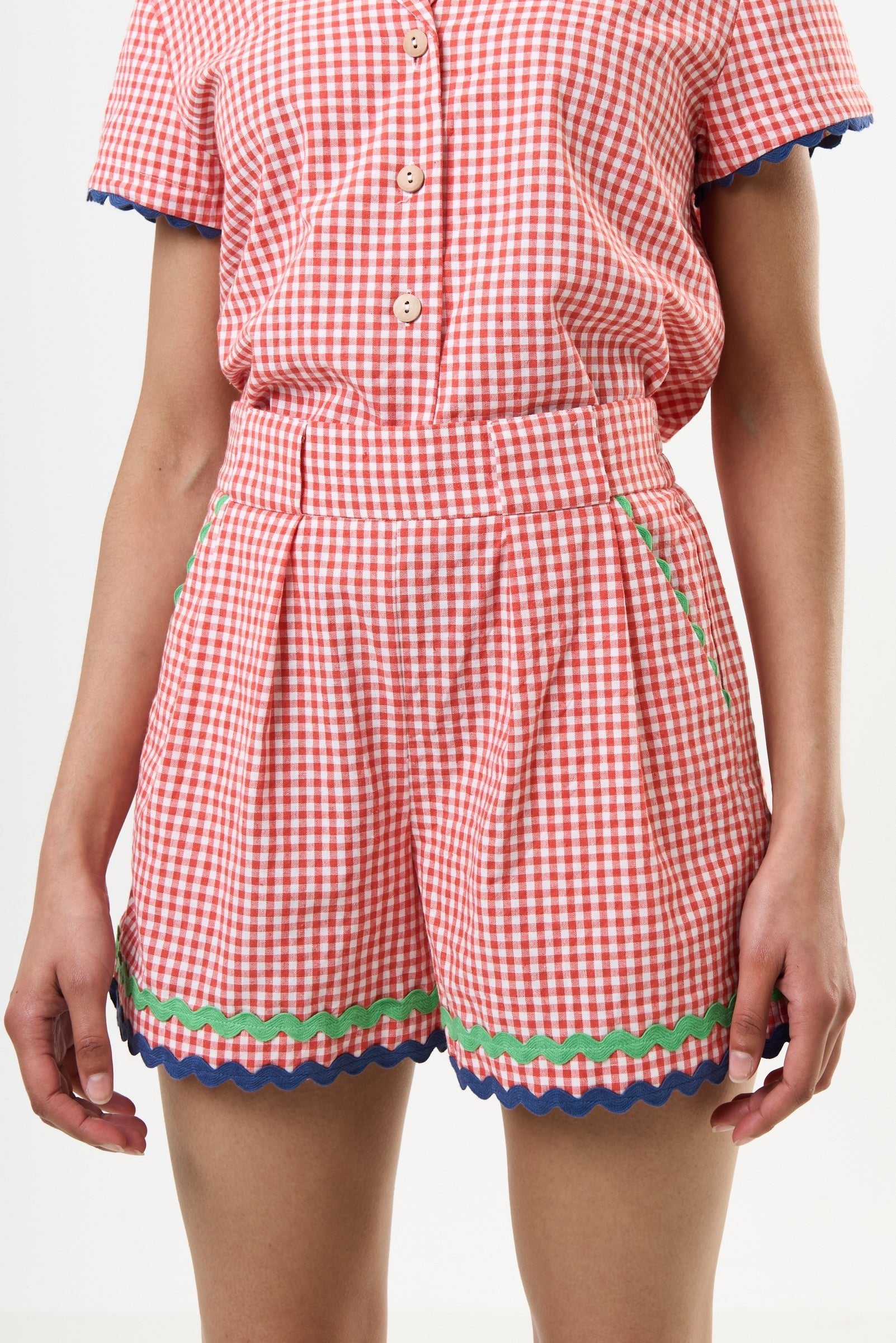 Hilton Gingham Ric Rac Trim Shorts - Red - Bascora