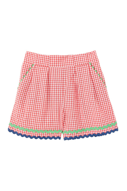 Hilton Gingham Ric Rac Trim Shorts - Red - Bascora