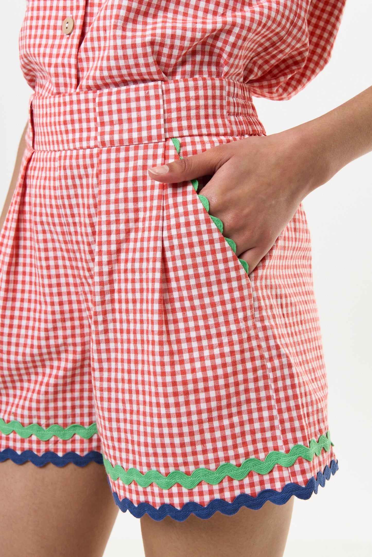 Hilton Gingham Ric Rac Trim Shorts - Red - Bascora