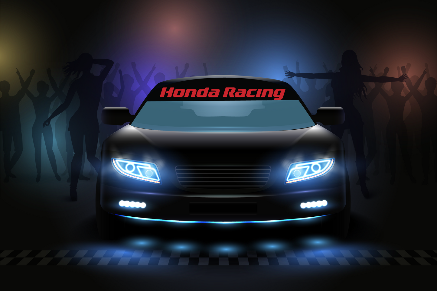 Honda Racing car with glowing headlights on a dark background