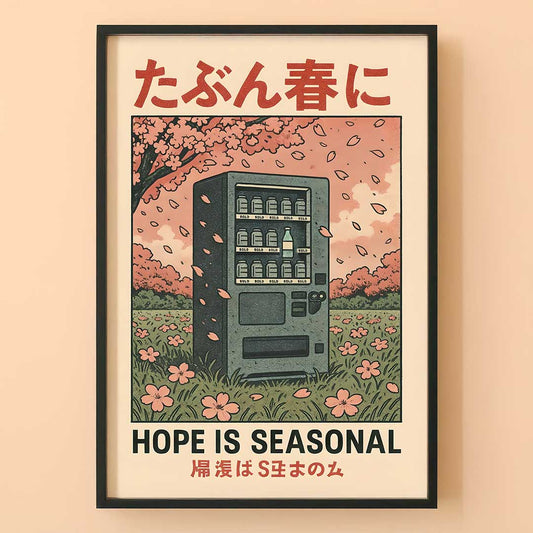 Framed artwork of a vending machine with cherry blossoms and text on a beige background