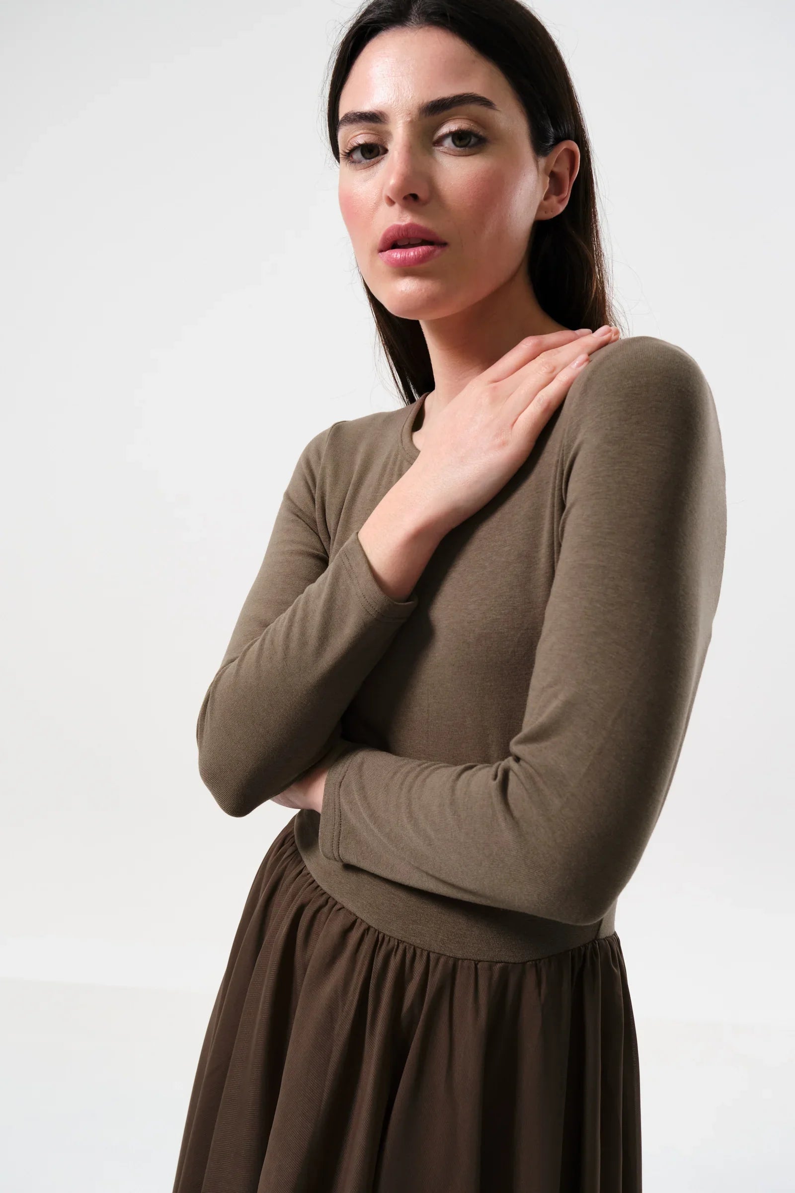 Huxley Jersey & Georgette Midi Dress – Mole - Bascora