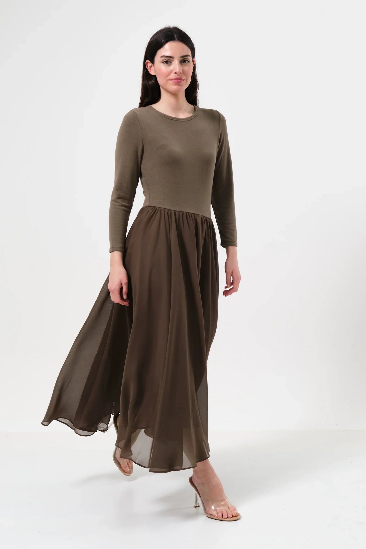 Huxley Jersey & Georgette Midi Dress – Mole - Bascora