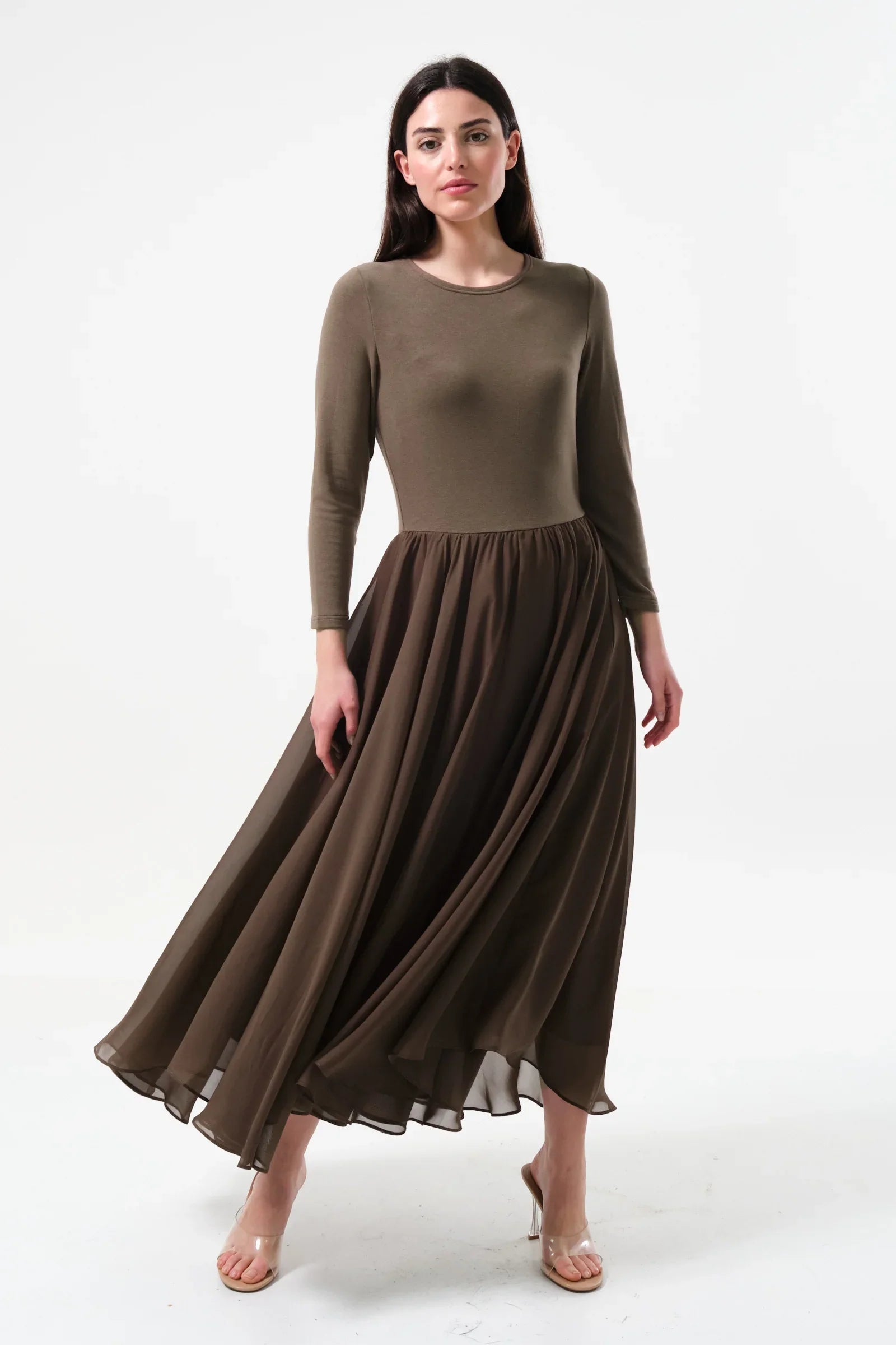 Huxley Jersey & Georgette Midi Dress – Mole - Bascora