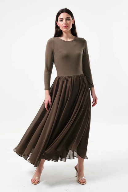 Huxley Jersey & Georgette Midi Dress – Mole - Bascora