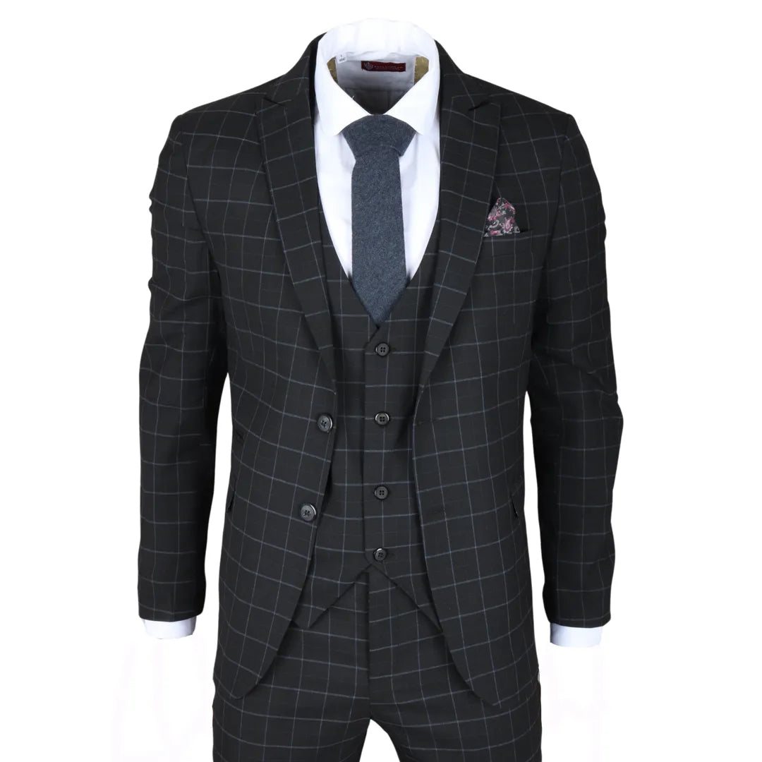 Men's Black Checked Tailored Fit 3 Piece Suit