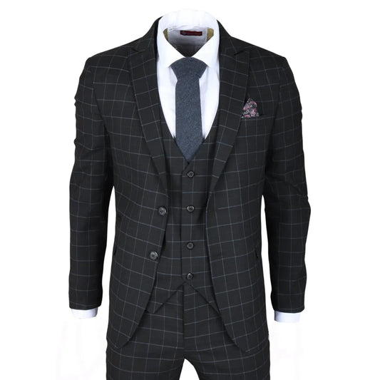 Men's Black Checked Tailored Fit 3 Piece Suit