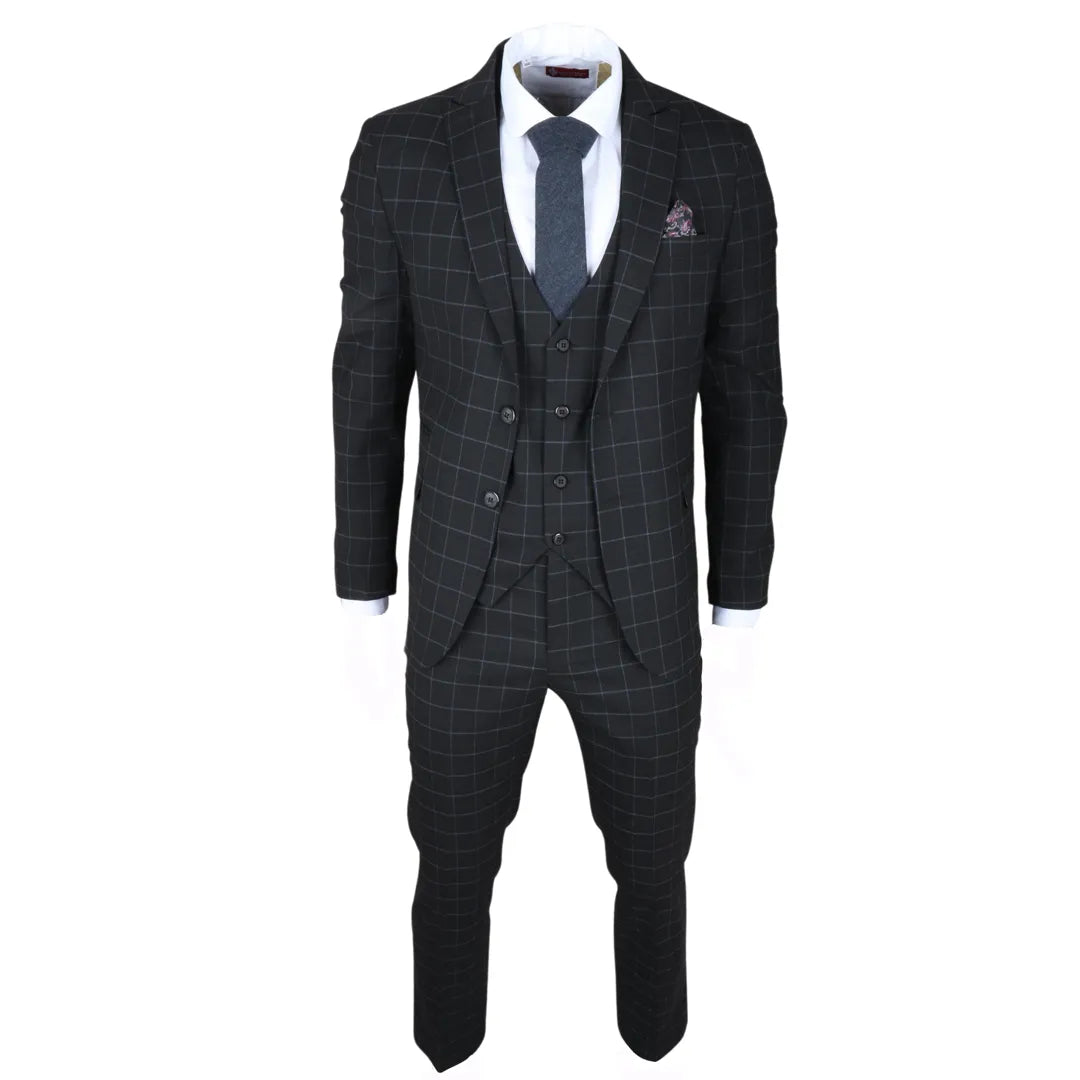 Men's Black Checked Tailored Fit 3 Piece Suit