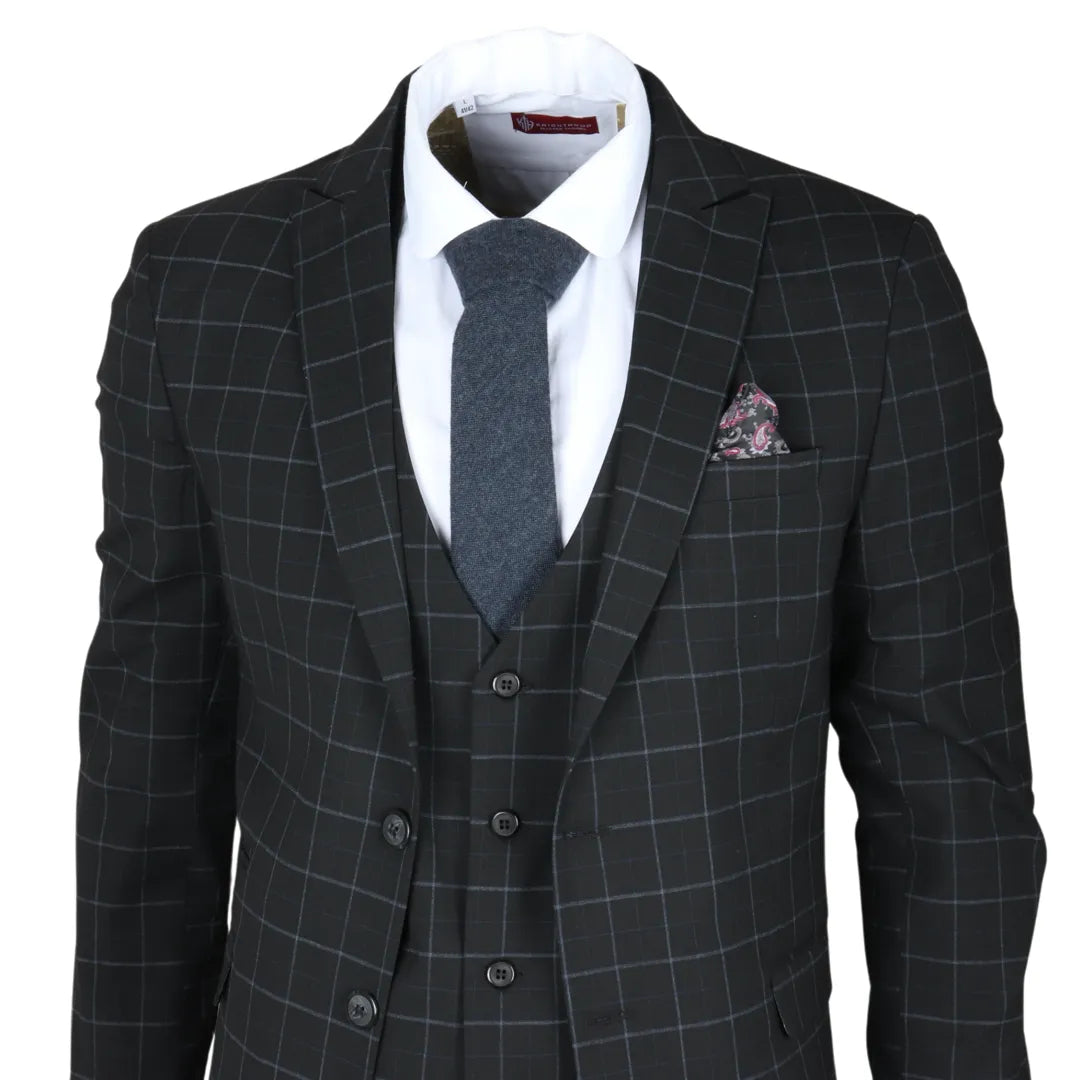 Men's Black Checked Tailored Fit 3 Piece Suit