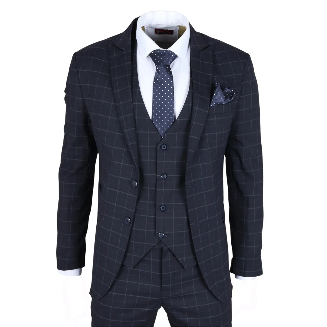 Men's Navy Checked Tailored Fit 3 Piece Suit