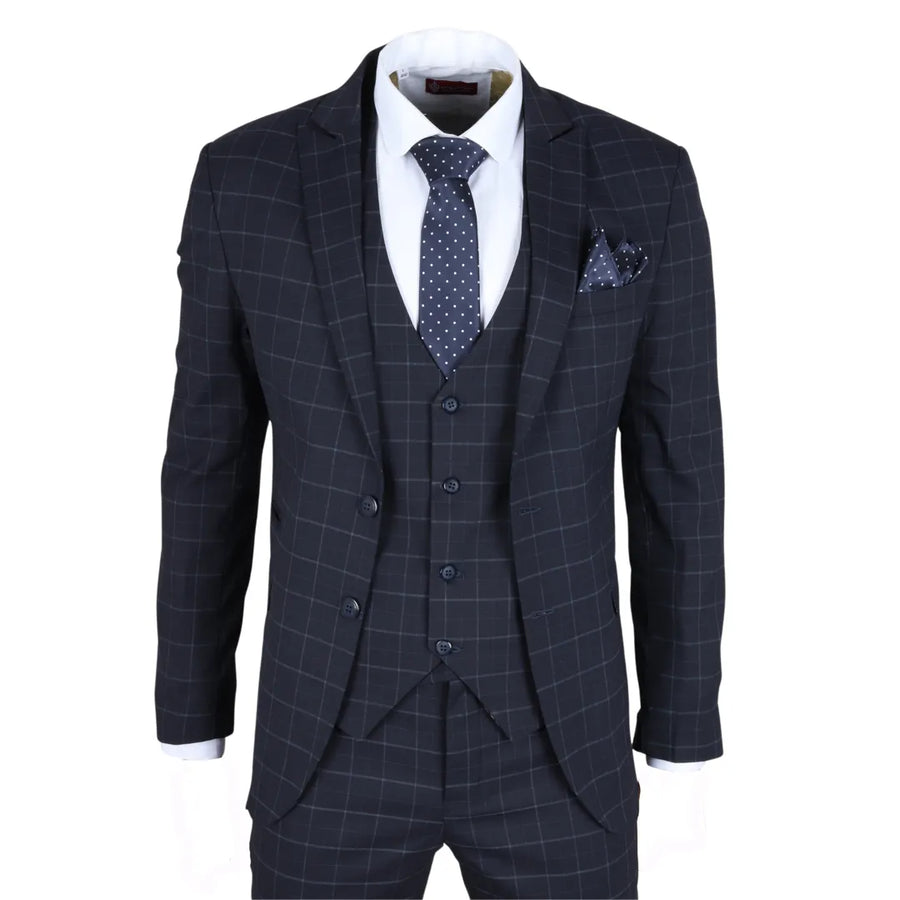 Men's Navy Checked Tailored Fit 3 Piece Suit