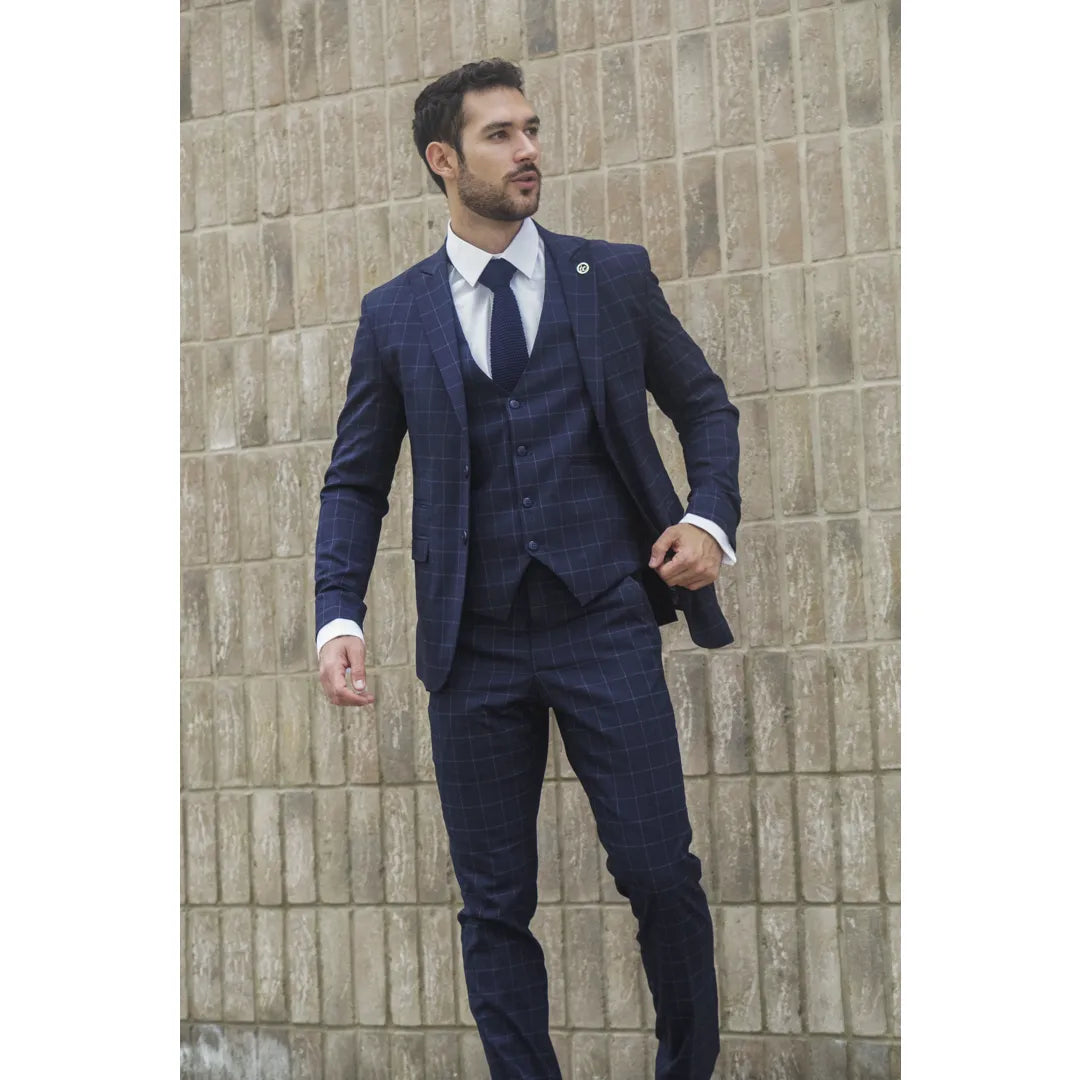 Men's Navy Checked Tailored Fit 3 Piece Suit