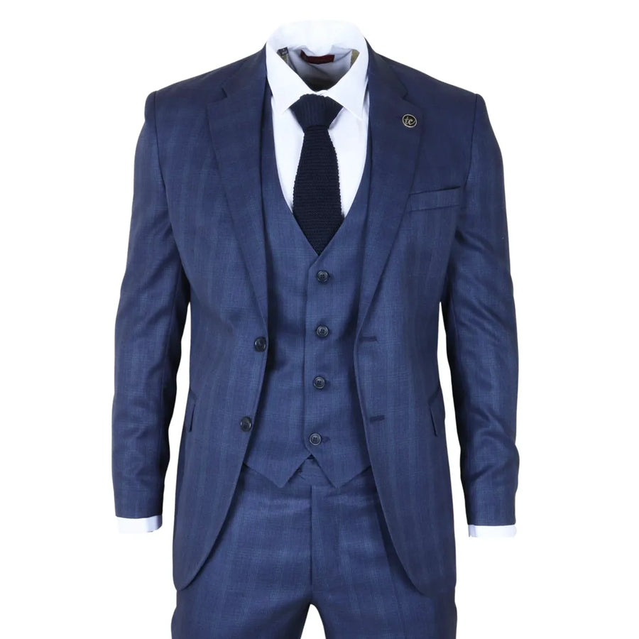 Men's Blue 3 Piece Prince of Wales Check Suit