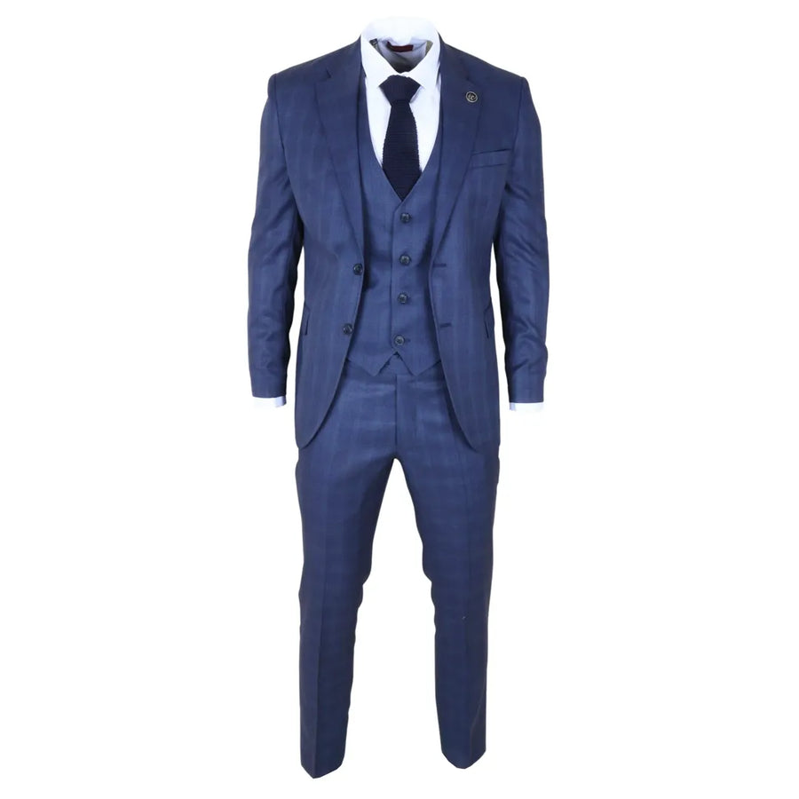 Men's Blue 3 Piece Prince of Wales Check Suit