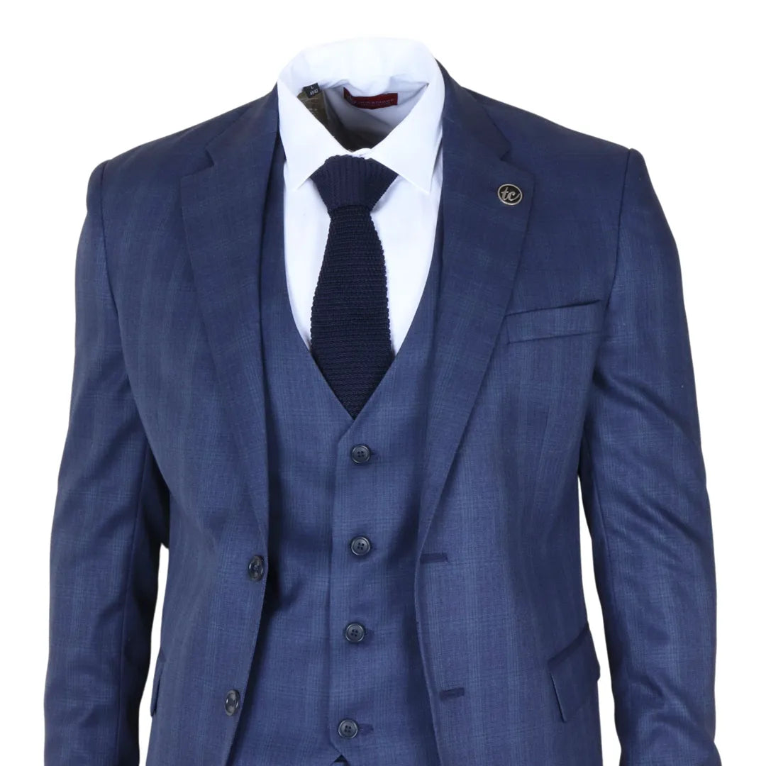 Men's Blue 3 Piece Prince of Wales Check Suit