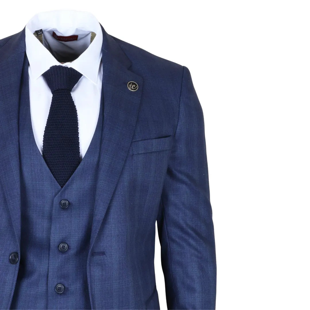Men's Blue 3 Piece Prince of Wales Check Suit