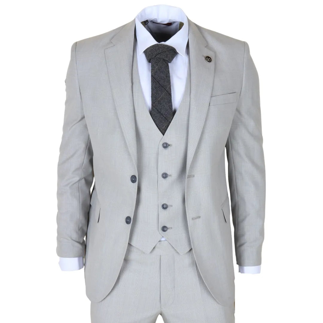 Men's Grey 3 Piece Prince of Wales Check Suit