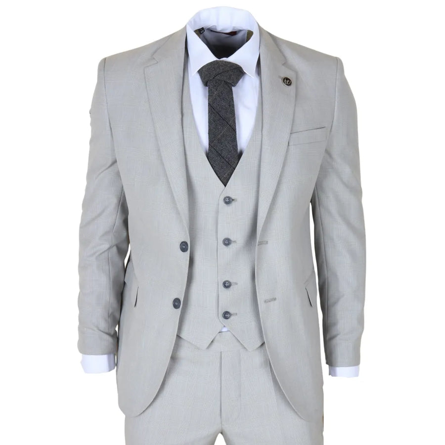Men's Grey 3 Piece Prince of Wales Check Suit