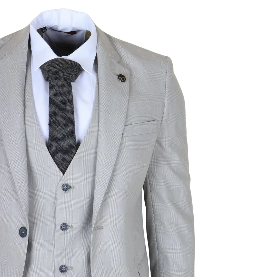 Men's Grey 3 Piece Prince of Wales Check Suit